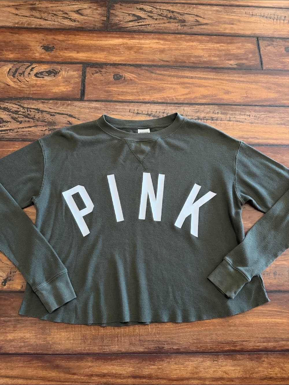 PINK Victoria's Secret Olive Green Waffle-Knit Crewneck Top